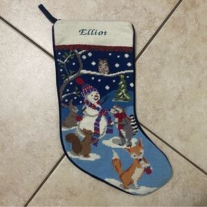 Lands End Needlepoint Christmas Holiday Stocking Snowman and Woodland Creatures